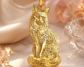 Solid Gold Cat Pendant: Elegant Fur Texture Charm, 10K/14K Yellow, White, Rose Gold