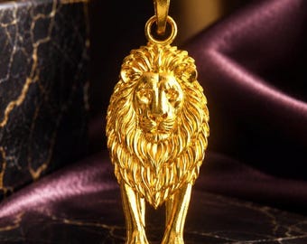 Solid Gold Lion Pendant: 10K/14K Yellow, White, Rose (22x9mm)
