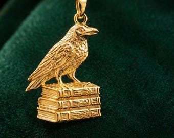 Solid Gold Raven on Book Charm, 10K 14K Bird Jewelry