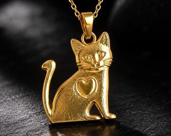 Solid Gold Cat Pendant Necklace: Feline Silhouette with Heart Detail (10K/14K)