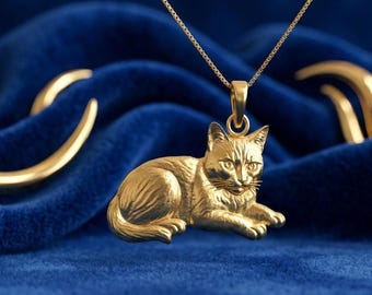 Solid Gold Lying Cat Pendant: 10K/14K Yellow, Rose, White Gold Charm