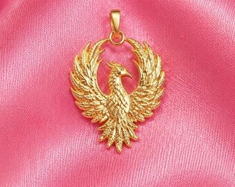 Solid Gold Phoenix Pendant, 10K 14K Firebird Charm, Mythical Bird Jewelry