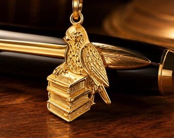 Solid Gold Bird on Books Pendant – 10K/14K Yellow, White, Rose Gold