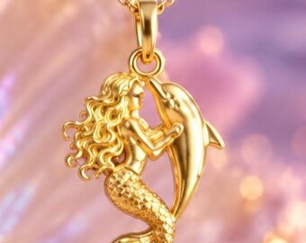 Solid 10K 14K Mermaid with Dolphin Pendant, Yellow White Rose Gold Gift