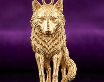 Solid Gold Wolf Pendant: 10K/14K Yellow, White, Rose Gold Detailed Charm