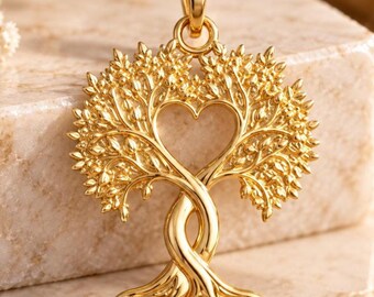 Solid Gold Tree of Life Heart Pendant Necklace – Nature Symbolism, 10K/14K Gold