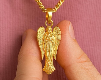 Solid Gold Angel Pendant: 10K 14K Religious Charm Necklace
