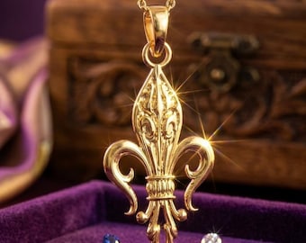Fleur De Lis Necklace Solid Gold 10k/14k Rose ,White, Yellow Pendant Royal Charm