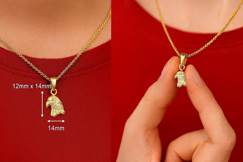 May include: A gold-colored pendant necklace featuring an eagle head design. The pendant measures 12mm x 14mm and hangs from a delicate chain. The necklace is displayed against a red background.