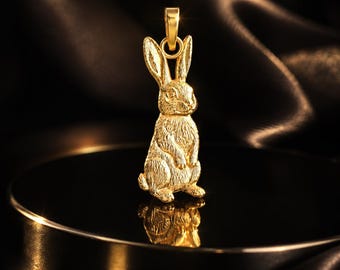 Solid Gold Bunny Rabbit Pendant Necklace, 10K 14K Yellow White Rose Gold Animal Jewelry