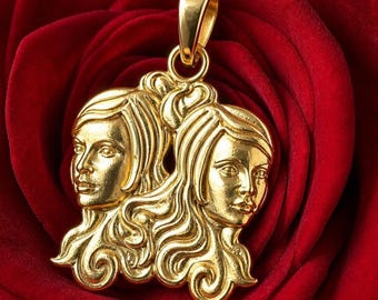 Gemini Zodiac Gold 10k/14k White, Rose Yellow Pendant Twin Faces Astrology Charm Gift