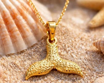 Solid Gold Whale Tail Pendant: 10k/14k Nautical Necklace