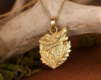 Solid Gold Howling Wolf Pendant: 10K/14K Yellow, White, Rose Gold Charm