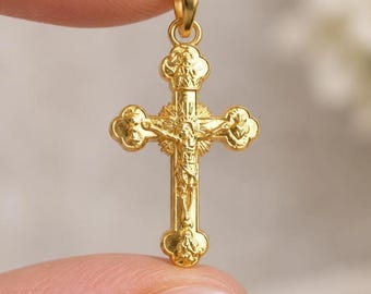 Solid Gold Crucifix Pendant, 10K/14K Catholic Cross Necklace, Jesus Charm