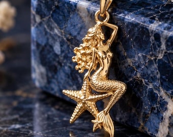 Solid 10K 14K Mermaid on Starfish Pendant, Yellow White Rose Gold Ocean Gift