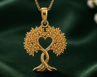 Solid Gold Tree of Life Heart Pendant Necklace – Nature Symbolism, 10K/14K Gold
