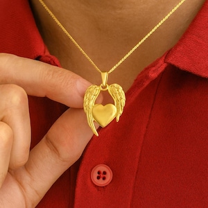 Solid Gold Heart Wings Pendant | 10K 14K Gold Angel Wings Necklace | Love Memorial Jewelry | Gold Angel Pendant Gift