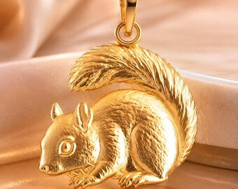 Solid Gold Squirrel Pendant: 10K/14K Yellow, Rose, White Gold Woodland Charm