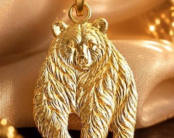 Solid Gold Bear Pendant: Detailed Fur Texture, Wildlife Design, 10K/14K Options