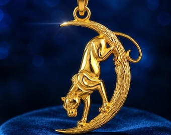 Panther on Crescent Moon Pendant in 10K or 14K Solid Gold