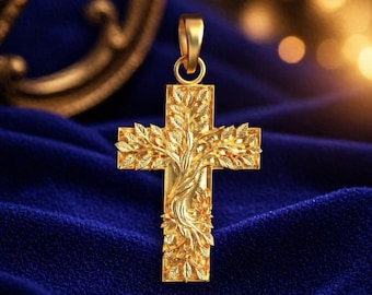 Colgante de cruz de oro macizo, dije de cruz cristiana de 10K o 14K, collar religioso texturizado, regalo de oro blanco, rosa y amarillo.