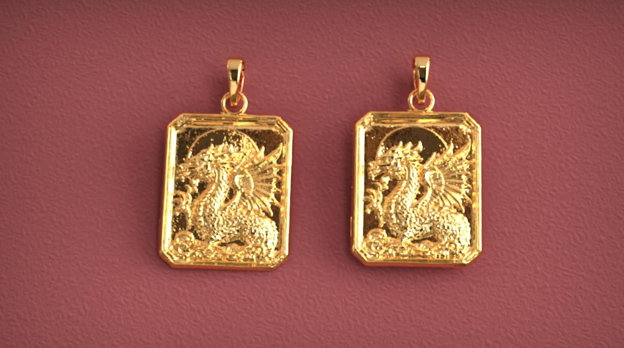 14K Solid Gold Dragon Pendant: Rectangular Medallion Amulet - Etsy