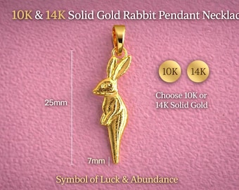 Solid gold rabbit pendant 10K or 14K gold bunny charm necklace, gift animal lovers.