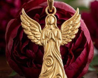 Angel Pendant Solid Gold 10K 14K Yellow White Gold Rose Guardian Charm Religious  Gift.