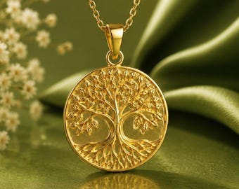 Solid Gold Tree of Life Pendant (10K/14K) – 18mm Round Charm