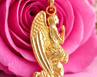 Solid Gold Guardian Angel Pendant – Praying Angel Charm Religious Necklace