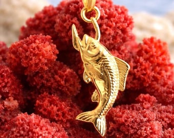 Solid Gold Fish Pendant, 10K 14K Yellow White Rose Nautical Jewelry