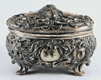 Antique Silver Finish French Art Nouveau Trinket / Jewelry Casket Box
