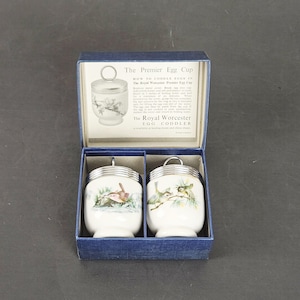 Vintage Pair Porcelain Egg Coddler by Royal Worcester England with Bird Pattern in Box Standard Size