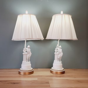 Vintage Biscuit Porcelain Set of Table Lamps Figural Sculpture of Classical Greek Lady