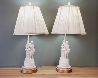 Vintage Biscuit Porcelain Set of Table Lamps Figural Sculpture of Classical Greek Lady
