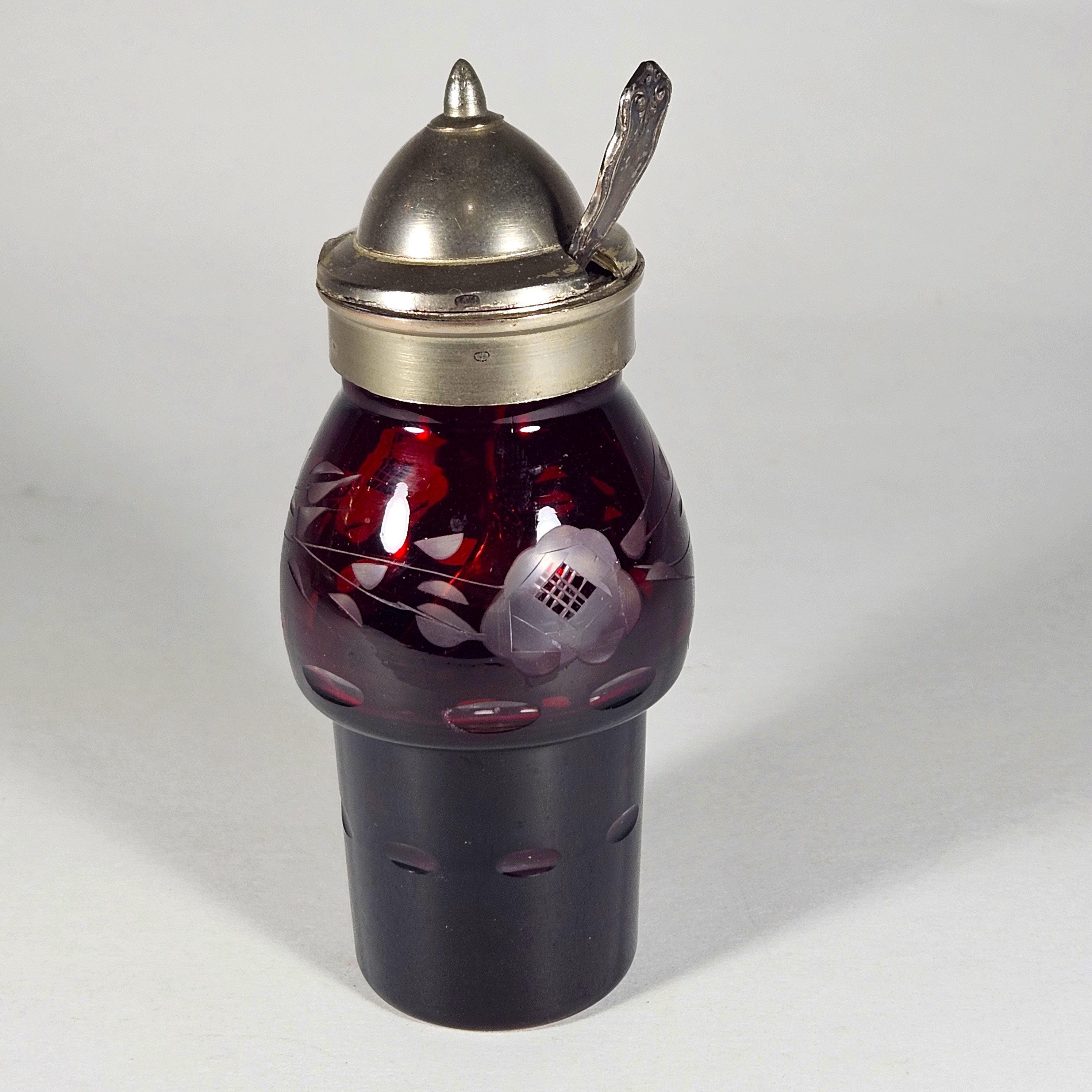 Antique Ruby Red Etched Glass Castor Set With Cruets Shakers Etsy