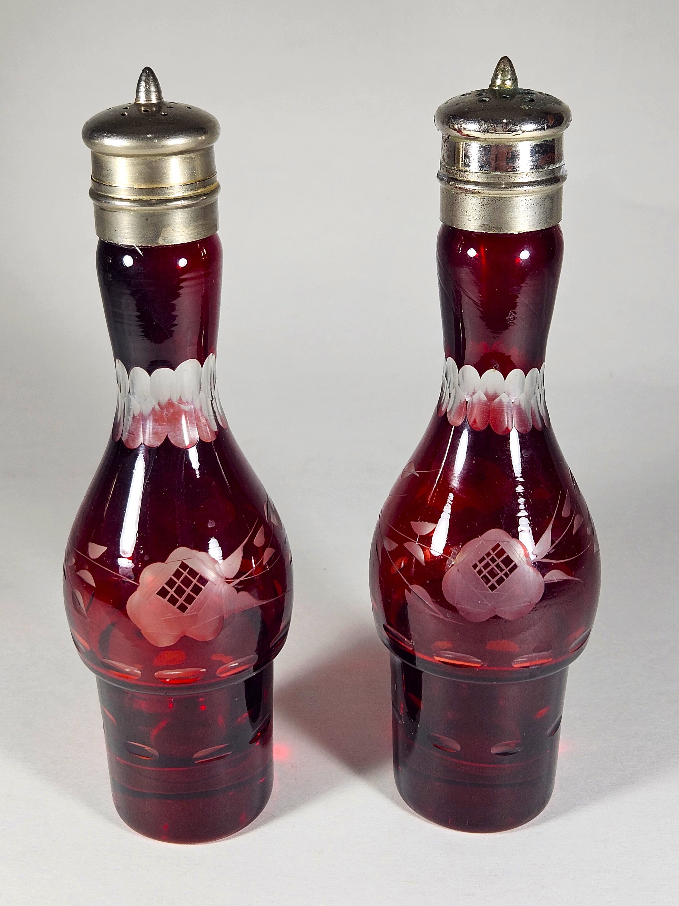 Antique Ruby Red Etched Glass Castor Set With Cruets Shakers Etsy