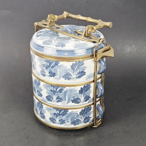 Vintage Japanese Porcelain Tiffin Carrier Brass Handled Blue White Stacking Server Marked Base