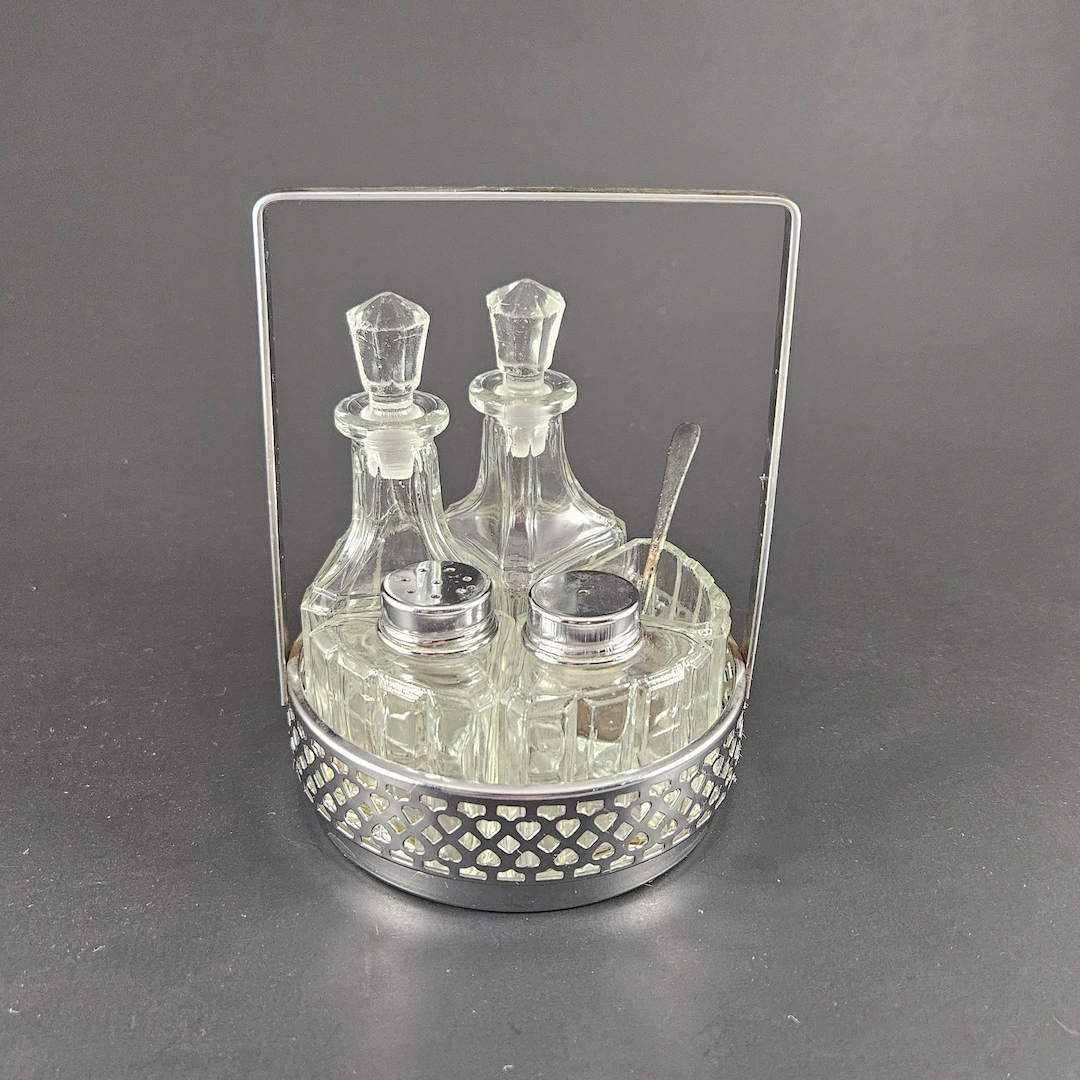Vintage 5piece Glass Castor Set in Silver Tone Cruet Stand Complete Etsy