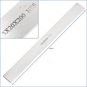 May include: A silver metal rectangular blade with the text "3X20X200 HSS" printed on it. The blade is 200 mm long.