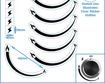 6pc 1/3 Third Flame Gas Hob Stove Clockwise Self Adhesive Label Black Print Transparent Background Dial Knob Switch Oven Sticker Replacement