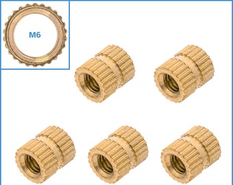 5pcs M6 Thread 8mm x 8mm Knurled Nuts Solid Brass Hand Tighten Double Pass Nut Fasten Fastener Embedded Round Insert Assembly Part Tool