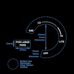 Peut inclure: Schéma d'un contrôle de brûleur de cuisinière avec des mesures en millimètres. Le schéma comprend des étiquettes pour "LO", "SIM", "HI", "LITE" et "OFF". Un rectangle intitulé "FOR LARGE PANS" est également présent, avec des dimensions de 27 mm x 12 mm.