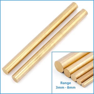 May include: Two gold-colored brass rods, one on top of the other. A close-up image shows a range of brass rods in different sizes, with the text "Range 3mm - 8mm".