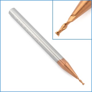 May include: A silver and gold end mill with a 4 flute design. The end mill has a 1/8 inch diameter and is 2 inches long. The end mill is used for cutting metal.