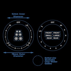 Könnte beinhalten: Diagramm eines Lautsprechersystems mit einem Innendurchmesser von 52 mm und einem Außendurchmesser von 70 mm. Das Diagramm zeigt die Lautsprecherplatzierung: vorne klein, vorne groß, hinten klein und hinten groß. Das Diagramm zeigt auch die Lautstärkeregelung des Lautsprechers mit einer HI-, LO- und OFF-Einstellung.
