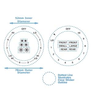 Könnte beinhalten: Diagramm, das die Platzierung von Lautsprechern auf einem runden Aufkleber zeigt. Der Aufkleber hat einen Außendurchmesser von 70 mm und einen Innendurchmesser von 52 mm. Der Aufkleber hat einen gestrichelten Umriss und der Text "FRONT FRONT", "SMALL LARGE" und "REAR REAR" ist auf dem Aufkleber gedruckt.