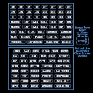 96 etiquetas adhesivas blancas con letras de texto que combinan funciones principales y operativas para horno y estufa, para interruptor de perilla de control de cocina, temporizador de encendido y apagado de gas.