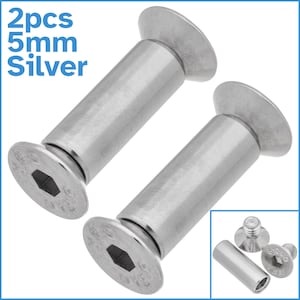 May include: Two silver 5mm long screws with a hex head and a countersunk head. The screws are 2 pieces.