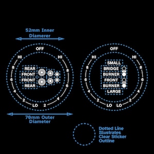 Könnte beinhalten: Diagramm, das die Platzierung von vier Brennerknöpfen auf einem Kochfeld zeigt. Die Knöpfe sind mit "Hinten", "Vorne", "Vorne" und "Hinten" beschriftet. Das Diagramm zeigt auch die inneren und äußeren Durchmesser des Kochfelds, die 52 mm bzw. 70 mm betragen. Das Diagramm ist mit "HI", "LO" und "OFF" beschriftet.